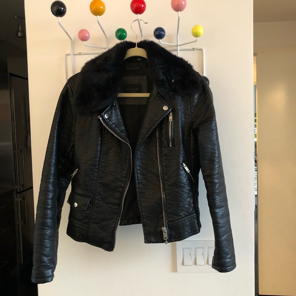 Zara Vegan Leather Faux Fur-Collar Moto Jacket